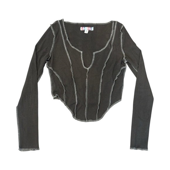 Urban Outfitters Moon UO Notch Neck Corset Seam Crop Tee Khaki Womens Medium - Picture 1 of 5